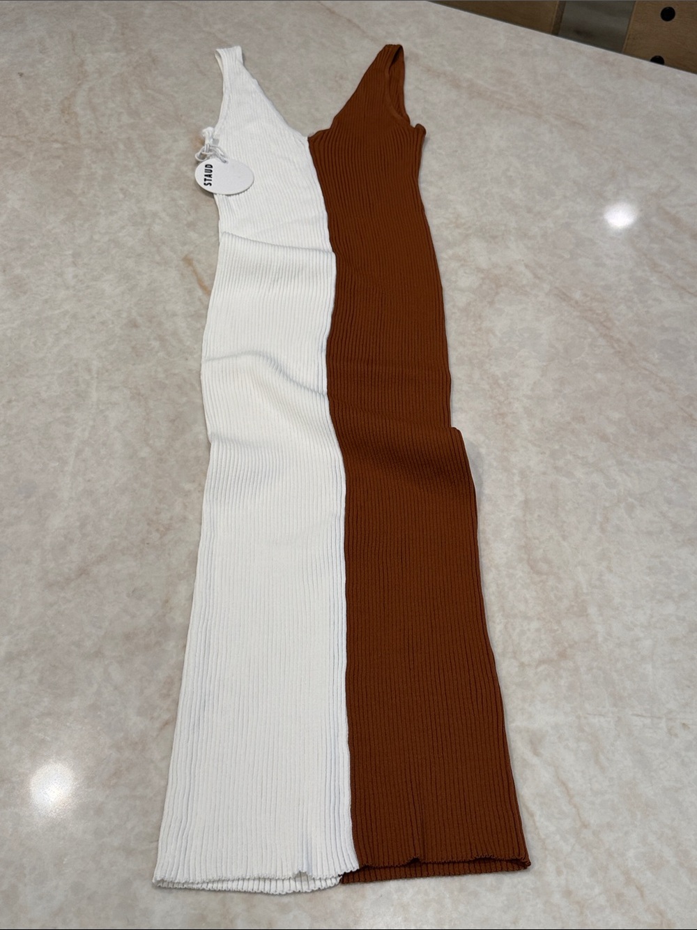 STAUD Two-Tone Ribbed One-Shoulder Maxi Dress in White and Brown